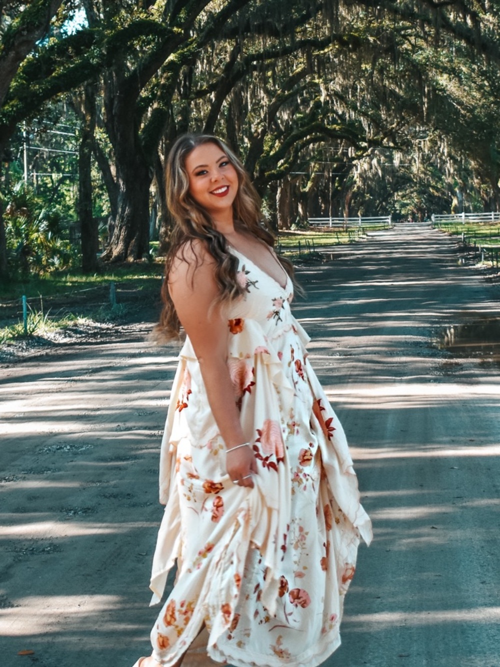 Free People Cream Floral V-Neck Tiered Maxi Dress